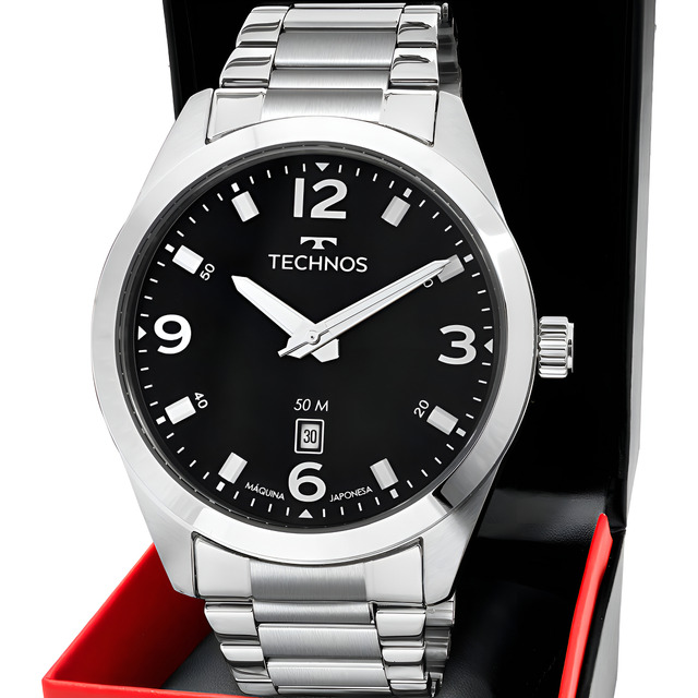 Relógio Masculino Technos Militar Em Aço Prateado Fundo Preto Calendário Prova D'água Relógio Masculino Technos Militar Em Aço Prateado Fundo Preto Calendário Prova D'água