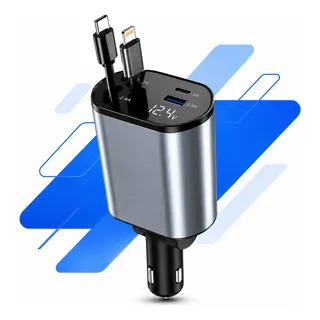 Carregador Veicular Retrátil 120w 4 Em 1 Usb-c Ios Turbo Preto