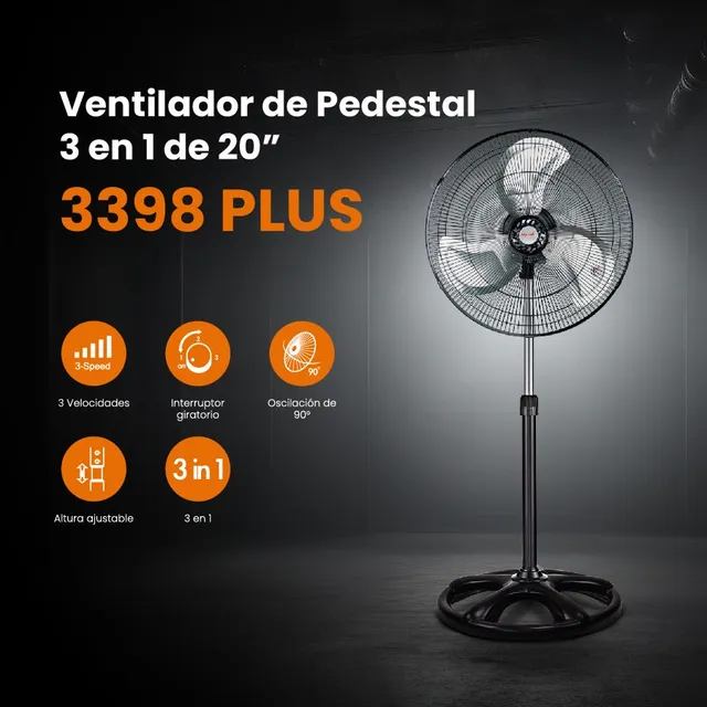 Ventilador 3 En 1 Mytek Pedestal 3398k1 Plus 20 Metálico Estructura Negro Aspas Plateado Diámetro 20 " Frecuencia 60Hz Material de las aspas Metal