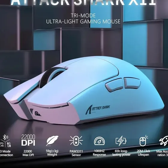 Mouse Gamer Attack Shark X11 22.000 DPI Ultraleve 63g Bluetooth 2.4GHz USB-C Branco