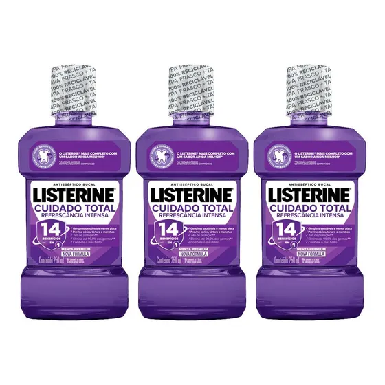 Kit Com 3 Antissépticos Bucal Listerine Cuidado Total 250ml