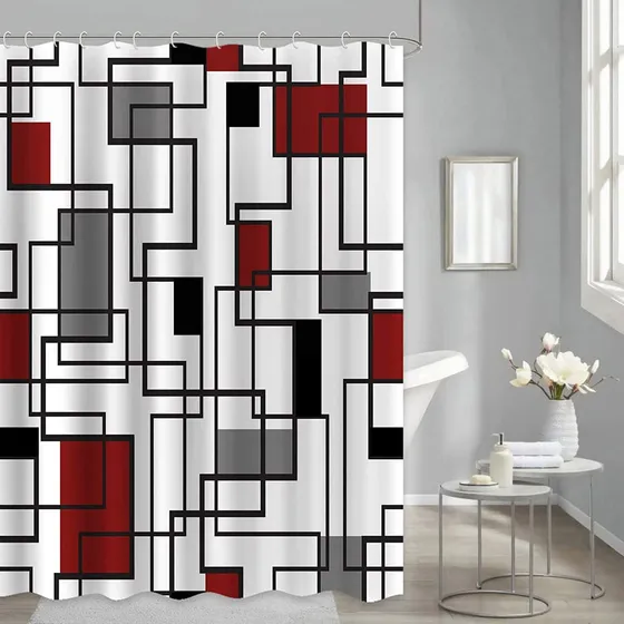 Cortina Ducha Geometrica Juego Cuadro Rojo Negro Gris 12 72
