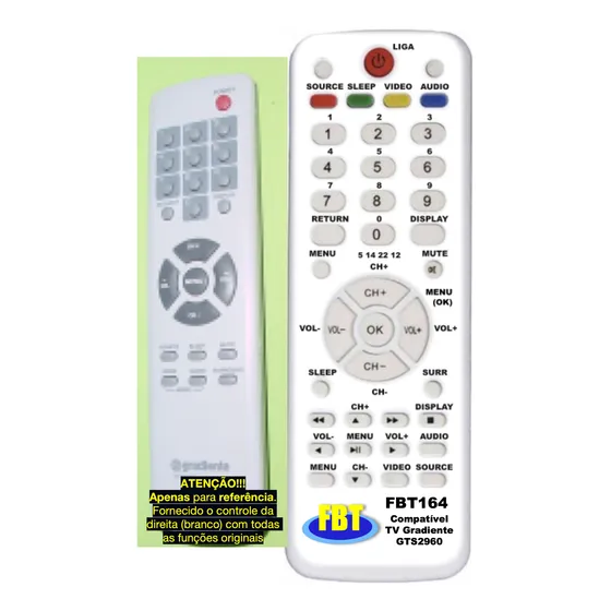 Controle Remoto Para Tv Gradiente Ts2960 Fbt 164