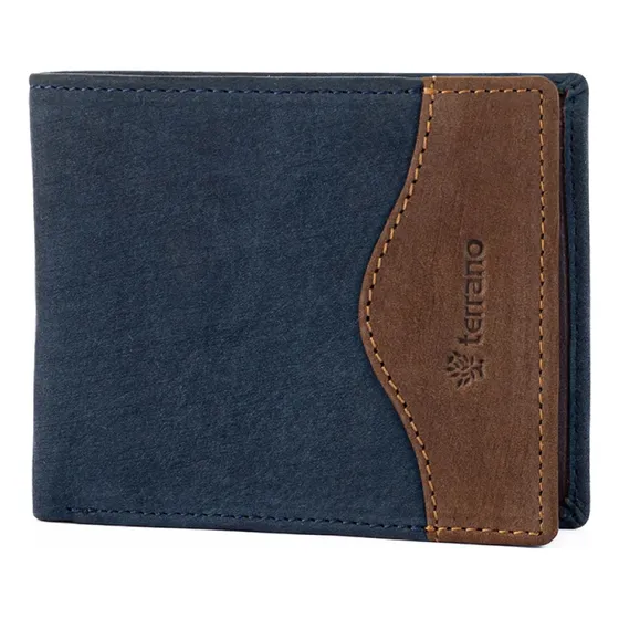 Billetera Caballero Cuero Nobuk Con Vista Terrano Azul Liso