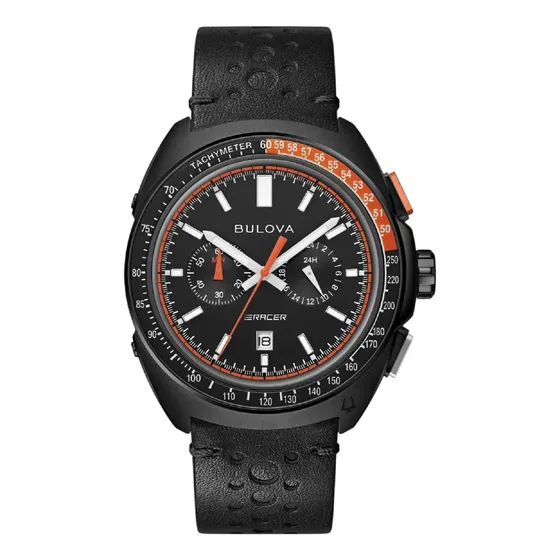 Relógio Bulova Masculino Racer Cronógrafo 98b428 Aço Couro Correia Preto Bisel Preto/laranja Fundo Preto