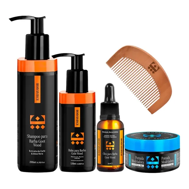 Kit Para Barba Shampoo + Pomada Brilho + Balm + Óleo + Pente