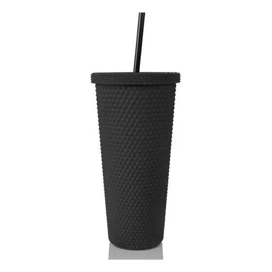 Vaso Negro Mate Tachuela 24 Onza Plastico Reutilizable Tapa