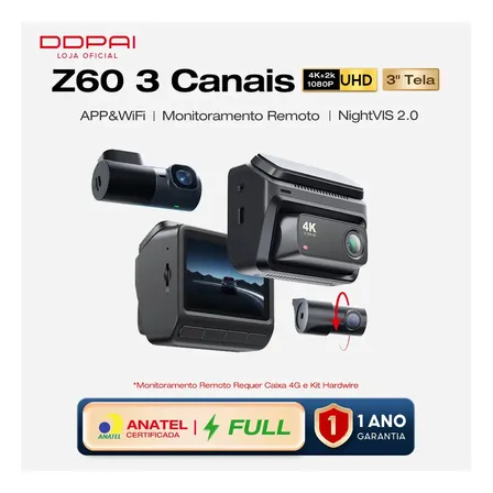 Ddpai Z60 3 Canais Câmera Veicular Suporta Monitoramento Remoto 4k+ 2k+ 1080p Wifi 5ghz Com Gps Tela Ips De 3  Visão Noturna Super Ai-isp Wdr Adas Modo De Estacionamento Aov De 20 Dias