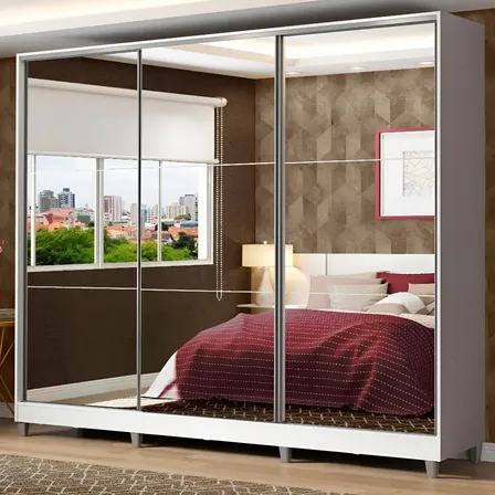 Guarda Roupa 100% Mdf Madesa Zurique 3 Portas De Espelho Pés Cor Branco