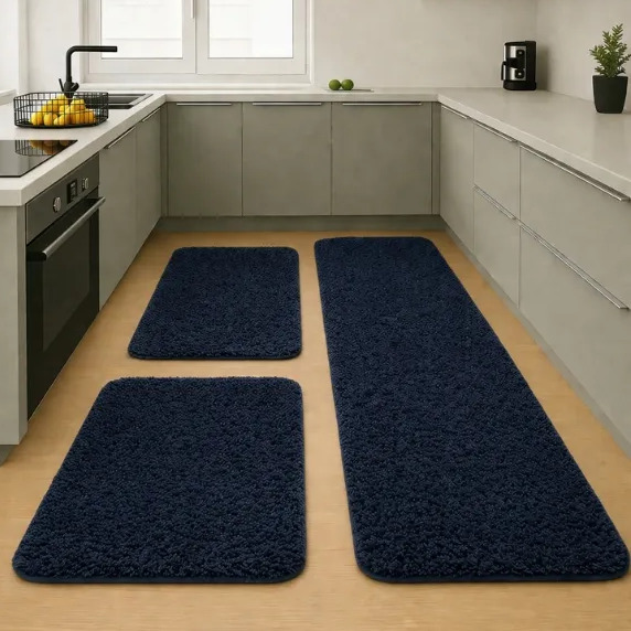 Tapete Cozinha Quarto Soft Jogo 3 Peças Antiderrapante Macio 1.2 M 40 Cm Azul