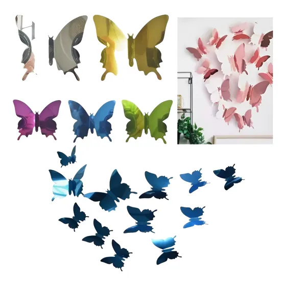 12 Pieza Mariposa Decorativa 3d Espejado Adhesivo Deco Hogar