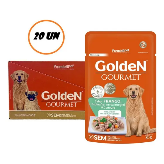 Caixa 20un Sachê Golden Gourmet Frango Cães Ad. Grande 85g