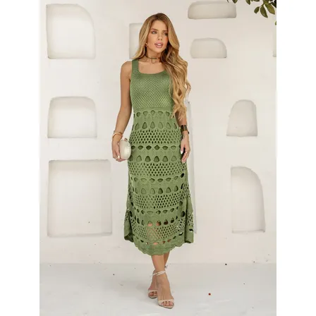 Vestido Midi Alça Tricot Casual Vazado Festa Elegante