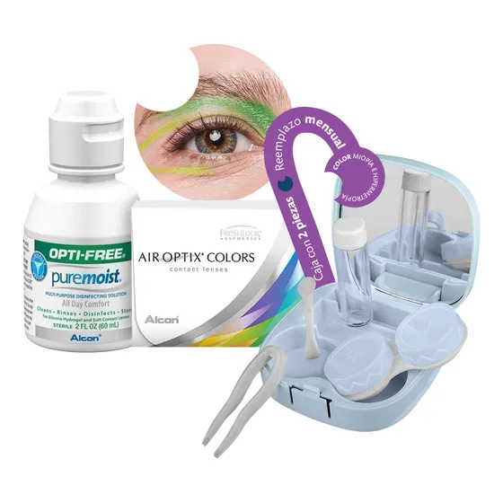 Lentes De Contacto Alcon Air Optix Colors | Color Gris Sin Graduación | Kit Optioutlet Incluye Estuche Con Espejo Y Solución De 60ml | Pupilentes De Colores Naturales De Duracion Mensual