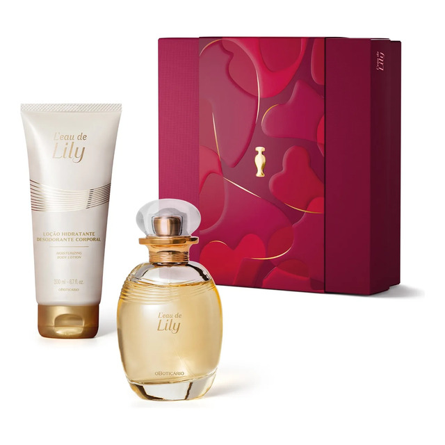 Kit presente O Boticário L'eau de Lily contendo um frasco de perfume e um tubo de loção hidratante corporal de 200ml ao lado de uma caixa de presente vermelha decorada.