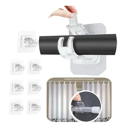 Kit8 Suporte Gancho Auto Adesivo Varão Cortina Parede Branco