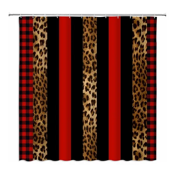 Cortina Ducha Estampado Leopardo Color Rojo Negro Cuadro