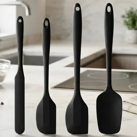 Kit Espátula Silicone Confeitaria 4 Peças Pão Duro Flexível para Bolo Massa Cobertura Chocolate Chantilly Culinária Antiaderente Resistente ao Calor Utensílios de Cozinha Cor Preto