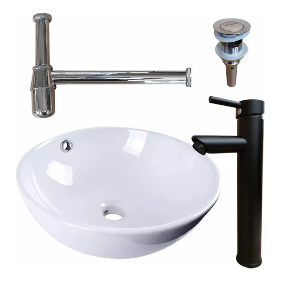 Solana Paquete Lavabo Ovalin Cerámico de 36cm Blanco Con Grifo Negro de Acero mas Contra Push Con Rebosadero y Cespol Níquel Pandora