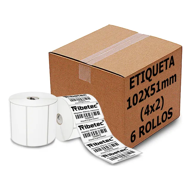 6 Rollos Etiqueta Térmica 4x2 (102x51mm) 1,500 Pzas C/u C1 Color Blanco