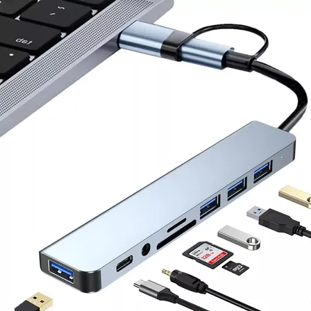 Adaptador Multipuerto Hub Tipo C 8 En 1 Usb 2.0 Y 3.0 Sd Td