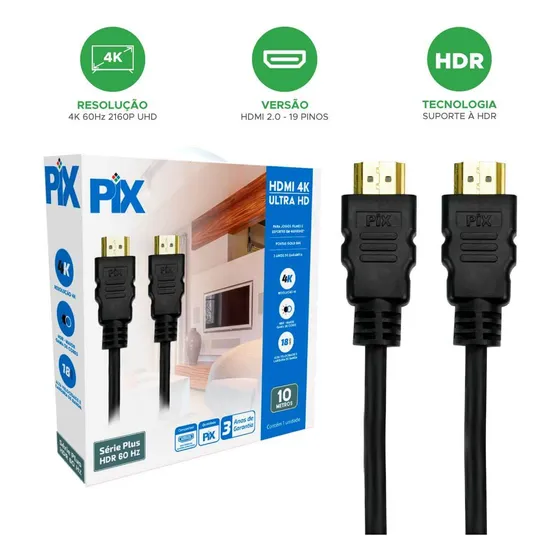 Cabo Hdmi 2.0 4k 3d Ultrahd 19 Pinos 60hz 10m Pix