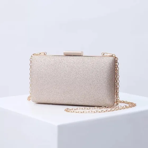 Bolsa Dourada De Festa Casamento Bolsa Carteira Sofisticada Acambamento dos ferragens Ouro Cor Champanhe Desenho do tecido Liso