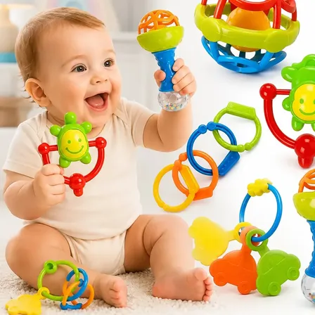 Foto de Kit Chocalho Bebe E Mordedores Para Recem Nascido 8 Peças Estímulo Sensorial Brinquedo Educativo