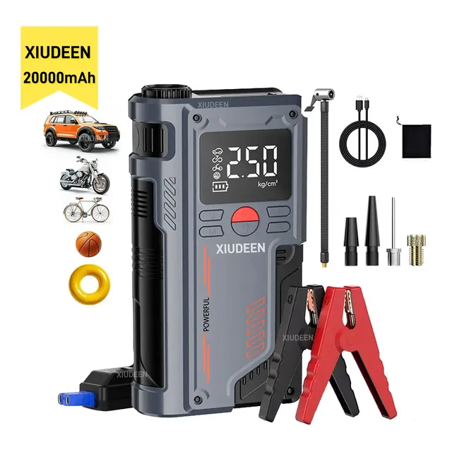 Arrancador De Batería De Auto Compresor De Aire Xiudeen 12v Cargadores Baterias Portatil Inflador 150psi Con Smart Clip/powerbank/pantalla Digital/flash Led,8000a T-700,para Auto/moto/camioneta/bolas