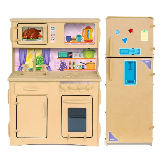 Cocinita Infantil Niño Niña + Heladera + Sticker Fibrofácil Color Crudo