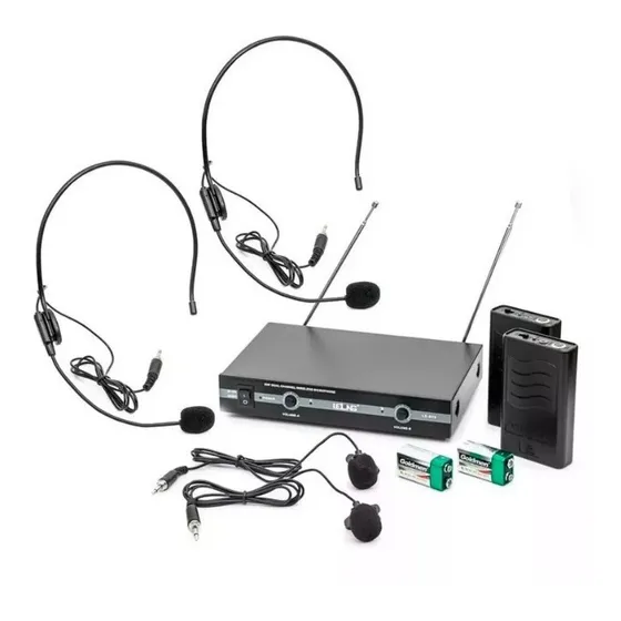 Kit Microfone Vhf Sem Fio Auricular Cabeça Headset Lapela Cor Preto 110V/220V