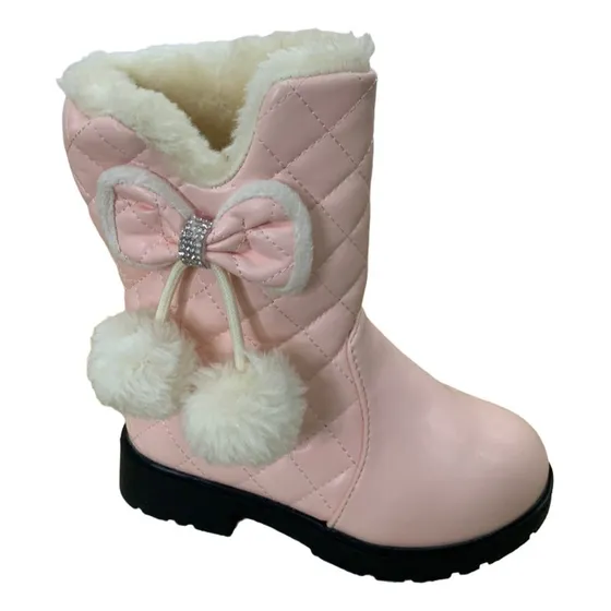 Botin Cuero C/lazo Y Pompones De Peluche Para Niña Nuevo
