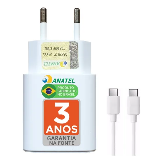 Plus Do Brasil Carregador Super Rápido 25W Tipo C Para Samsung Motorola Xiaomi LG Apple iPhone 15 16 - Com Cabo Blindado Premium Branco Fabricado No Brasil
