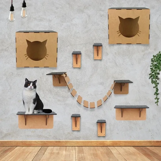 Kit De Gato Casa Casinha Parede Playground 9 Peças Cor Mdf Cru
