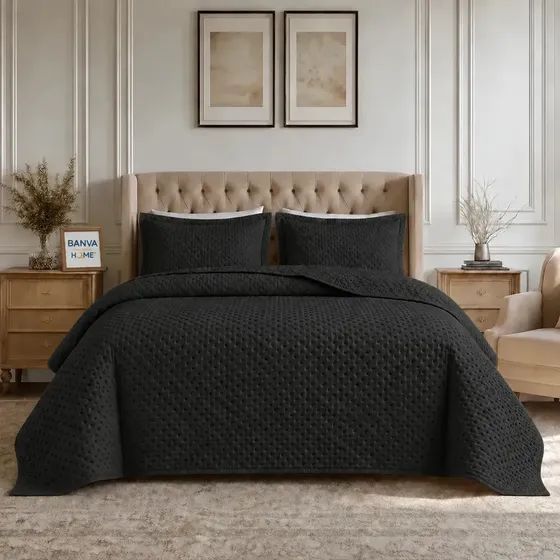 Cubrecamas 2 Plazas Negro Cobertor Quilt Atenas Acolchado Liviano Textil Verano Invierno 2 Fundas Almohada Suave
