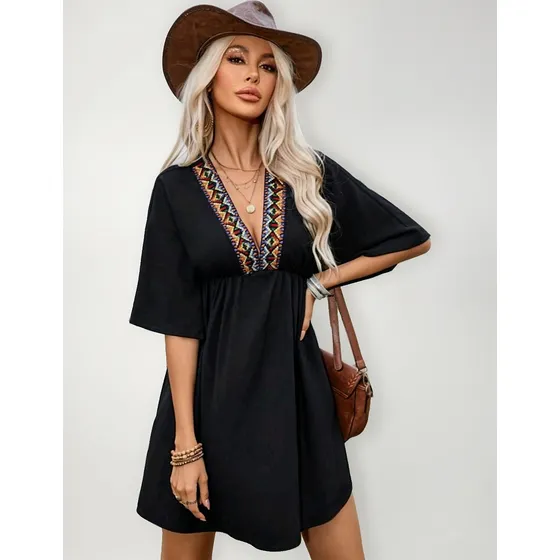 Vestido Corto Veraniego Negro Cuello Tejido Teffy