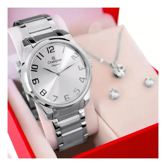 Kit Relógio Feminino Champion Original Barato Cor Prata com Colar Brincos Cor Da Correia Prata Analógico Correia em Aço Inoxidável