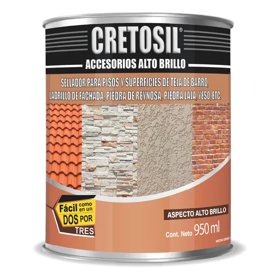 Cretosil Accesorios Sellador / Barniz Apariencia Mojado "Wet-Look" Aspecto Brillante. Para Concreto, Cantera, Barro, Ladrillo, Piedras, Yeso, Adoquin, Terracota y más 100% Acrílico 950 Ml Transparente
