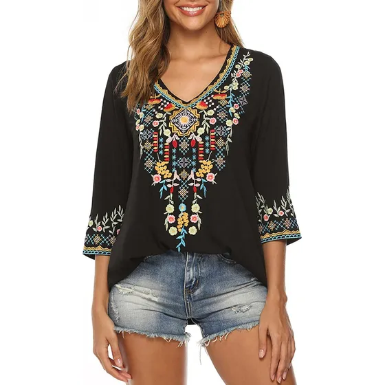 Verano Señoras Bordado Étnico 3/4 Manga Boho Camisa Blusa