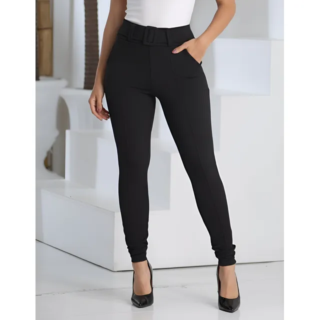 Calca Feminina Cinto Skinny Crepe Cintura Alta Elastano Moda
