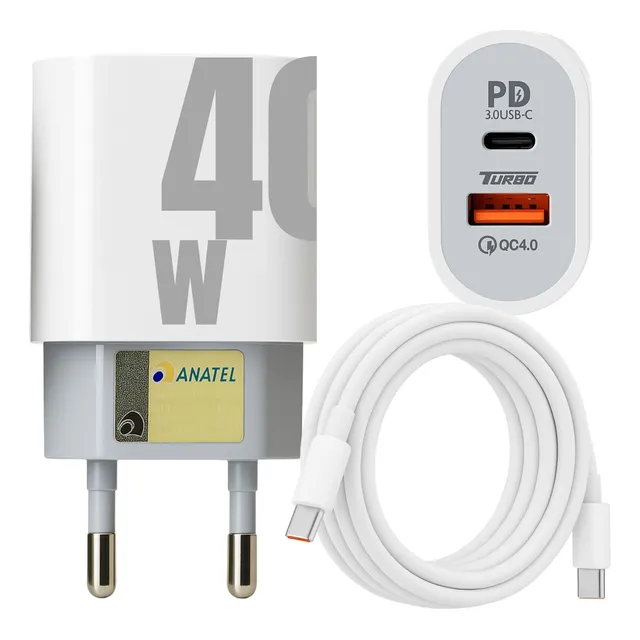 Carregador Celular Turbo Power 40w Usb A + Usb-c Com Tipo C