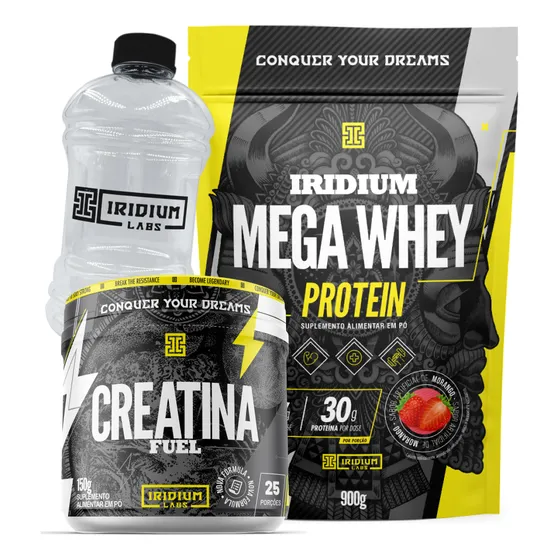Kit Whey Protein Mega + Creatina Fuel 150g + Galão 950ml Sabor Morango