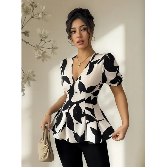 Blusa Peplum Floral En Blanco Y Negro Con Cuello En V A La M