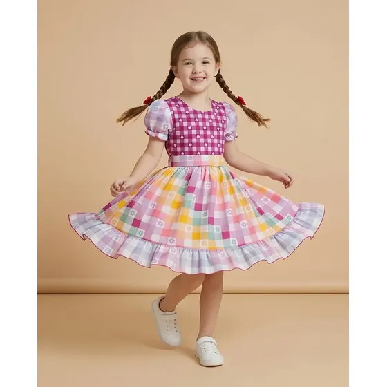 Vestido rosa floral de festa junina