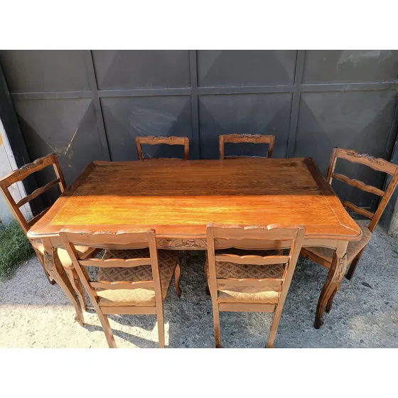 Comedor Normando Antiguo Original Mesa Con 6 Sillas Juego Marrón Liso