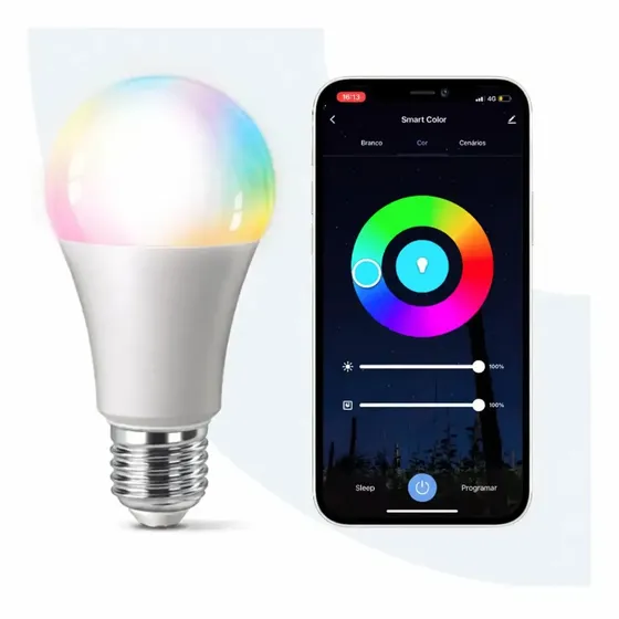 Lâmpada LED Inteligente Wi-Fi RGB Compatível com Alexa, Smart, 16 Milhões de Cores, Controle por Aplicativo, Dimerizável, Bivolt, Soquete E27
