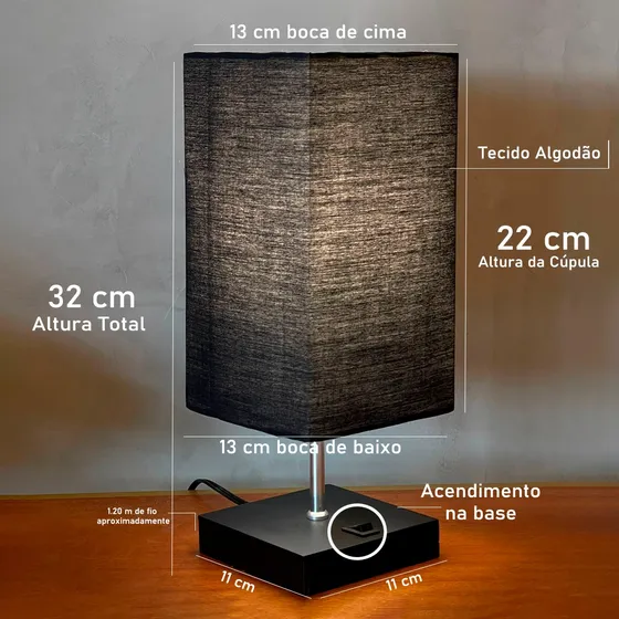 Kit 2 Abajur Base Preto MDF Quarto / Lateral De Cama / Sala De Estar Com Cupula Preto Tecido Algodao Soquete E27 Tensao Bivolt 110v/220v