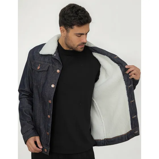 Jaqueta Masculina Jeans Forrada Com Pelo Casaco Aconchegante