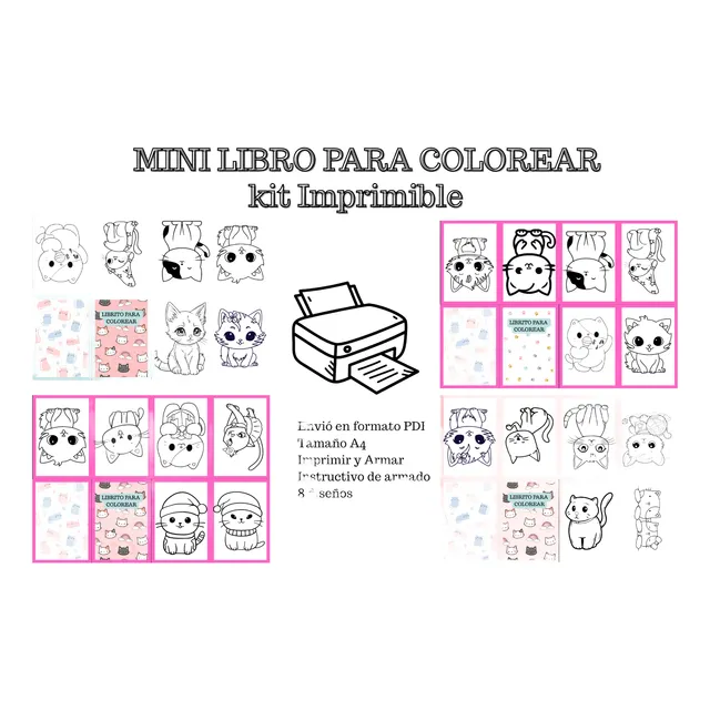 Mini Librito Para Colorear Imprimible Digital Gatitos 8 Pag