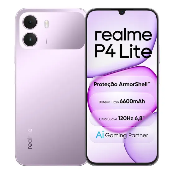 Celular Smartphone realme P4 Lite 256GB 4GB Ram (Até 12GB de RAM Dinâmica) Dual Sim, Bateria Titan 6600mAh, chipset octa-core, Tela 6,8" 120Hz, Proteção ArmorShell, AI Gaming Partner, Violeta
